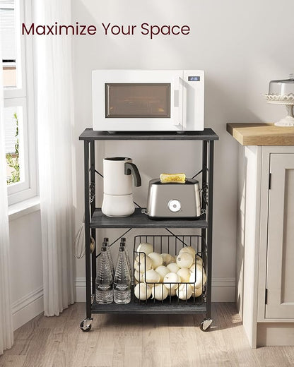 VASAGLE Kitchen Shelf on Wheels, 23.6 Inches Serving Cart with 3 Shelves, Kitchen Cart, Microwave Shelf, for Mini Oven, Toaster, with 6 Hooks, Industrial Style, Ebony Black and Ink Black UKKS060B42