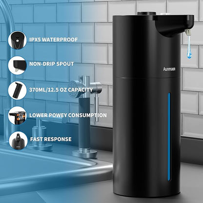 Aunmaon Automatic Soap Dispenser Touchless, Hands-Free, Multi Adjustable Volume, Long Battery Life, Compatible with Thick & Thin Dish/Hand Soap for Bathroom and Kitchen, Easy for Toddlers, Black