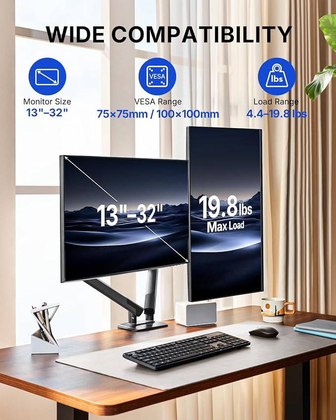 HUANUO FlowLift Pro Dual Monitor Mount for 13–32" Screens, MechaSpring Monitor Stand, Adjustable Monitor Arms for 2 Monitors with Tilt/Swivel/Rotation, Tool-Free VESA Mount, Max Load 19.8 lbs