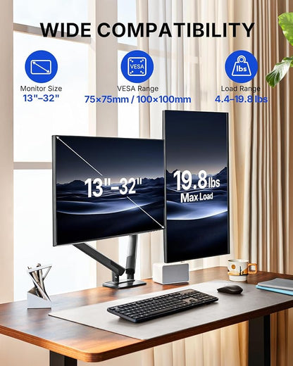 HUANUO FlowLift Pro Dual Monitor Mount for 13–32" Screens, MechaSpring Monitor Stand, Adjustable Monitor Arms for 2 Monitors with Tilt/Swivel/Rotation, Tool-Free VESA Mount, Max Load 19.8 lbs