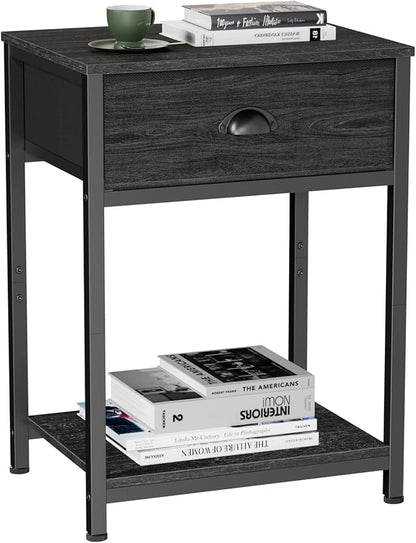 Furologee Nightstand with Fabric Drawer & Storage Shelf, Small Side Table for Small Space, 2 Tiers Industrial End Table for Living Room, Bedroom, Black Oak