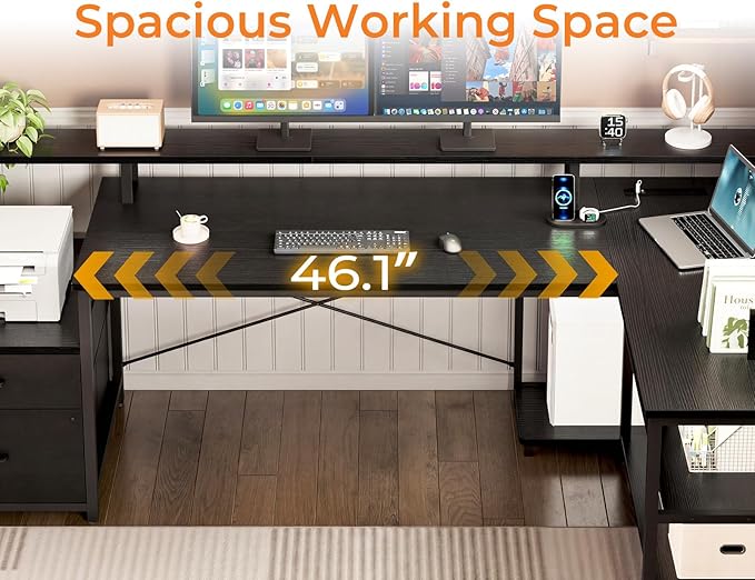 ODK 75" L Shaped Desk with File Drawers, Work from Home Office Desk with Power Outlet, Reversible Computer Desk with Storage Shelves, Gaming Desk with Monitor Shelf, Corner WFM Table, Black