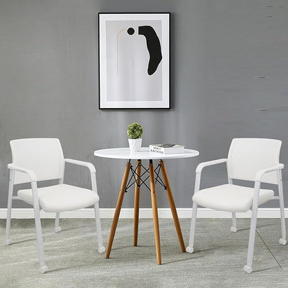 CLATINA Stacking Office Chairs | Mesh Back, Thicken Leather Seat and Arms, Ergonomic Lumber Support | Guest Reception, Waiting, Conference, School, Party, Customer, Side, Stationary | Set of 2, White