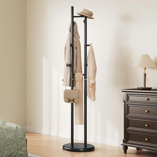 Uniclinens Wood Coat Rack Freestanding - Heavy Duty Freestanding Coat Rack, Wooden Coat Stand with 6 Hooks Creative Tree Branch-look for Entryway, Hallway, Bedroom (Black)