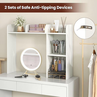 Desk Hutch, Desktop Shelf with 5 Shelves, Desk Bookshelf w/Anti-Toppling Devices, Wood Table Top Bookshelf Organizer, Small Desk Shelf for Study, Office, Dorm (White, 5 Shelves)