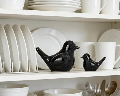 Artconal Small Black Bird Statue Ceramic 2-Piece Set, 3¾ inch Cute Knick Knack for Home Office Shelf Desk Decor