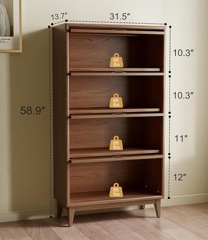 Solid Wood Book Case 4Tier Bookshelves with Tempered Glass Flip-Up Doors Brown Finish Adjustable laminate, Bookshelf Versatile Pantry Cabinet with Storage Home Office (Original Wood D14xW32xH60")
