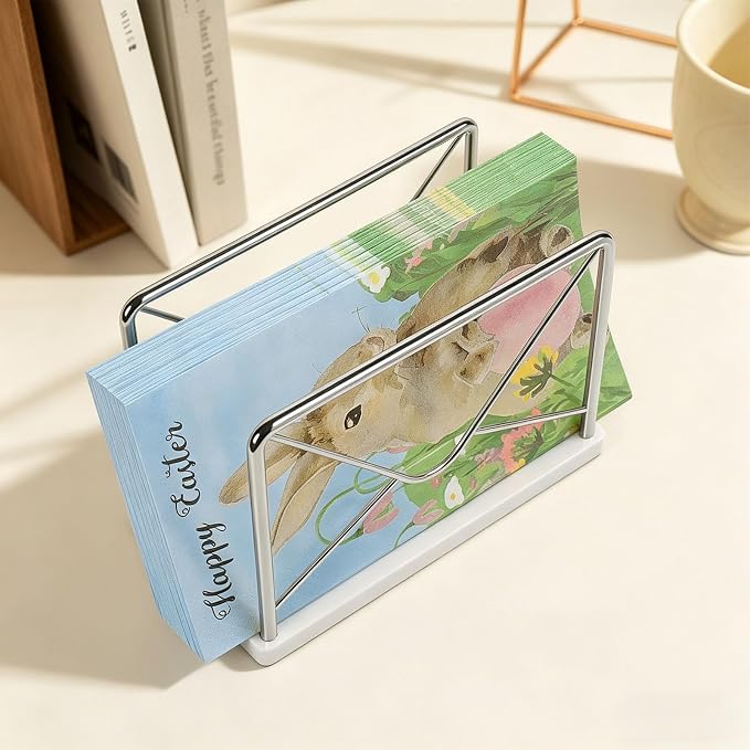 Modern Mail Holder for Home Office, Metal Letter Organizer Sorter for Desk, Cutout Mail Envelope Design, Bill Filling Paper Document Rack, Envelope Storage Rack with Marble Base (Chrome)