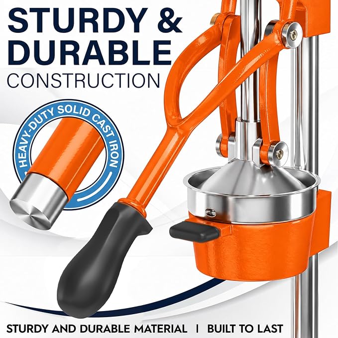 Eurolux Ultra-Premium Cast Iron Juicer | Extra-Large, Heavy Duty, Commercial Grade, Stainless Steel Manual Hand Press Citrus Squeezer For Fresh Orange Juice, Pomegranate, Lemon, and Much More (Orange)