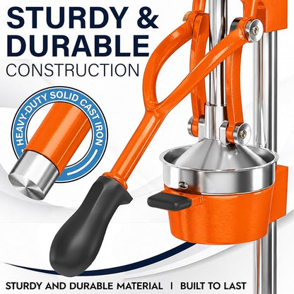 Eurolux Ultra-Premium Cast Iron Juicer | Extra-Large, Heavy Duty, Commercial Grade, Stainless Steel Manual Hand Press Citrus Squeezer For Fresh Orange Juice, Pomegranate, Lemon, and Much More (Orange)
