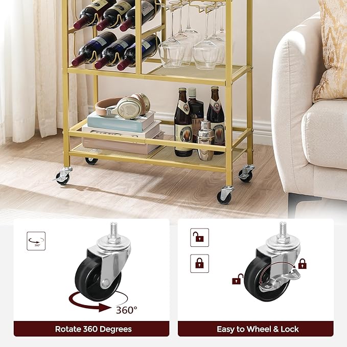 Bar Cart for Home, 3-Tier Serving Cart with Wheels and Handle, Beverage Cart with Wine Rack and Glass Holders, Rolling Wine Cart for Kitchen, Dining Room, Gold and White RCJM6101