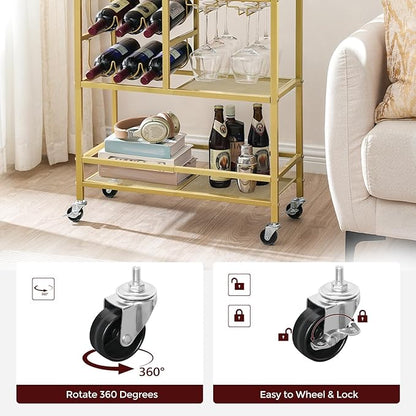Bar Cart for Home, 3-Tier Serving Cart with Wheels and Handle, Beverage Cart with Wine Rack and Glass Holders, Rolling Wine Cart for Kitchen, Dining Room, Gold and White RCJM6101