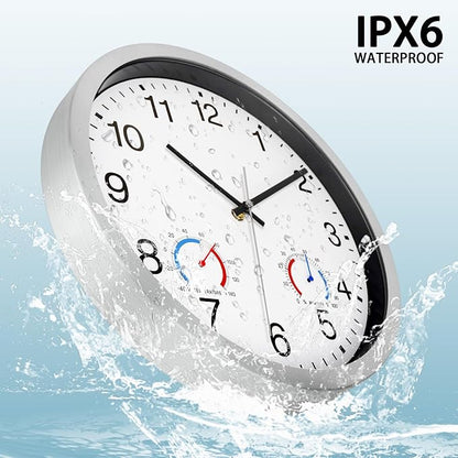 Caysie 12 Inch Sealed Indoor Outdoor Clocks Waterproof with Thermometer and Hygrometer Combo, Silent Battery Operated Quartz Wall Clock for Patio Pool Bathroom Outside Home (Silver)