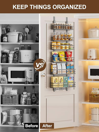Delamu Over the Door Pantry Organizer, 6 Tier Pantry Door Organizer with Adjustable Basket, Door Spice Rack Seasoning Organizer, Metal Hanging Pantry Organizers and Storage for Kitchen,15.3" Black