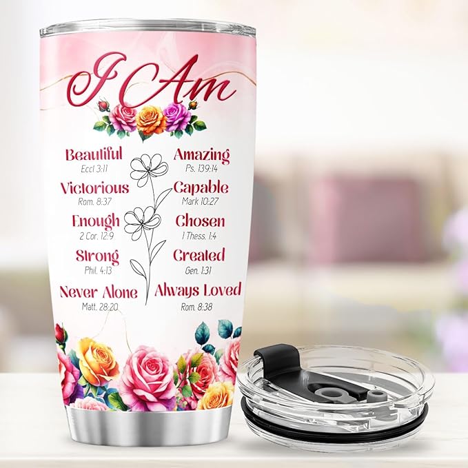 Christian Affirmation Gift for Women, I Am Scripture Tumbler with Bible Verses, Inspirational Floral 20oz Stainless Steel Insulated Cup, Religious Faith Present for Mom, Sister, Friend