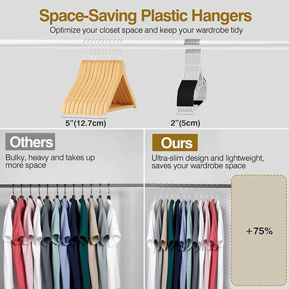 Plastic Hangers 50 Pack, 16.5 in Heavy Duty Clothes Hangers with 360° Swivel Hook, Non-Slip Bar & 0.2" Ultra-Slim Space-Saving Organizers for Coats, Pants, Suits, Shirts, White & Black