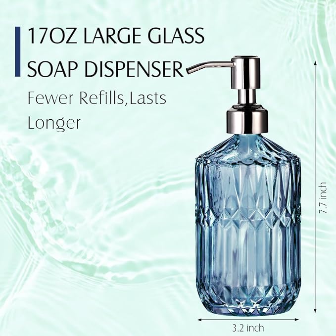 COHOSEGE 17 Oz Blue Glass Kitchen Soap Dispenser for Dish Soap, 2 Pack Bathroom Soap Dispenser Set with Silvery Rust Proof Pump for Lotion, Hand soap or Body Wash
