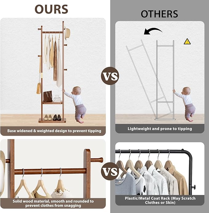Coat Rack Freestanding Clothing Rack with 2 Shelves Storage & 5 Hooks Heavy Duty Clothes Rack Wood Coat Tree Stand Hat Hanger Rack (Walnut Brown, 18.9" x 11.8" x 70" (No Wheels))