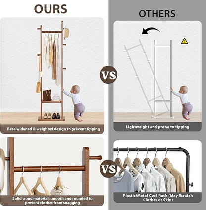Coat Rack Freestanding Clothing Rack with 2 Shelves Storage & 5 Hooks Heavy Duty Clothes Rack Wood Coat Tree Stand Hat Hanger Rack (Walnut Brown, 18.9" x 11.8" x 70" (No Wheels))