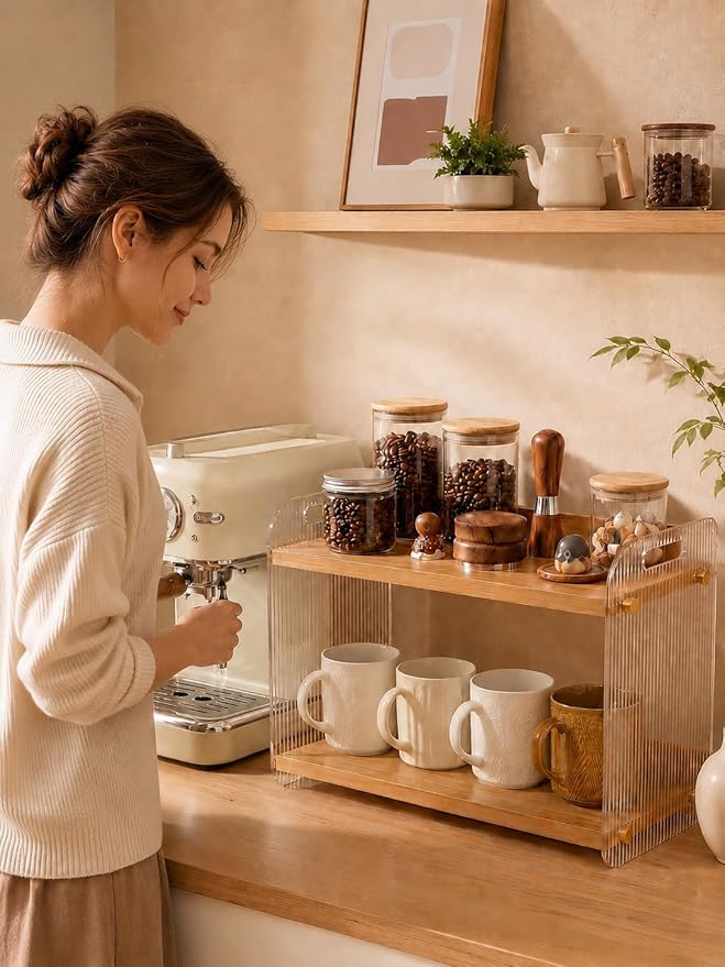 2 Tier Coffee Station Organizer - Acrylic & Pine Wood coffee bar shelf, Easy-to-Clean matcha station for Kitchen Countertops, for Placing Mugs, Coffee Beans, Syrup, Cups etc.(15.75" x6.18" x 9.37")