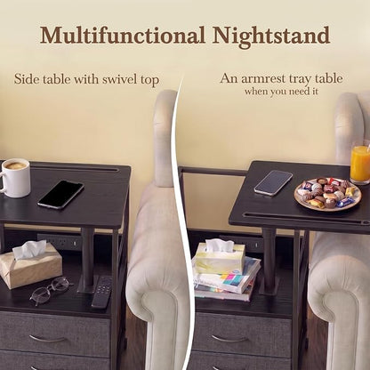 Faesun Swivel Lift Top Nightstand with Charging Station, Rolling Side Table for Recliner, Bedside Table with Wheels & 2 Fabric Drawers, for Small Spaces, for Bedroom, Living Room, Black Gray