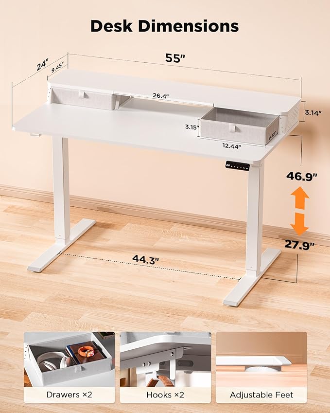 FiCiHi Standing Desk with Drawers, C-Clamp Mount Compatible, 55x24 Inch Electric Adjustable Height Computer Stand Up Desks, Home Office Sit Stand Table with 3 Preset Heights & 2 Hooks, White