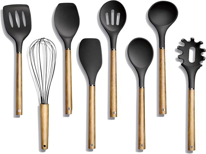 Country Kitchen Non Stick Silicone Utensil Set with Rounded Wood Handles for Cooking and Baking, 8 Piece Set, Black