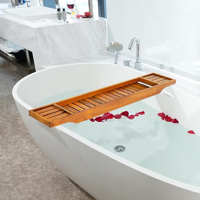 VaeFae Teak Bathtub Tray, Wooden Bath Caddy for Bathtub, Bath Tub Wood Table for Tub