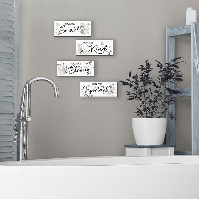 DONFENTHY 4 Pcs Butterfly Wall Decor Black Room Decor Wooden Positive Butterfly Decor with Inspirational Word Black White Grey for Women Room Bathroom Bedroom Office(Black,10x4 In)