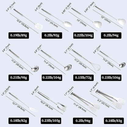 Stainless Steel Kitchen Utensils 12 Pcs, Small Cooking Utensils Set,Spatulas,Ladle,Skimmer,Tunners,Serving Spoon,Spaghetti Spoon,Fork,Potato Masher,Egg Whisk,Tongs,Dishwasher Safe