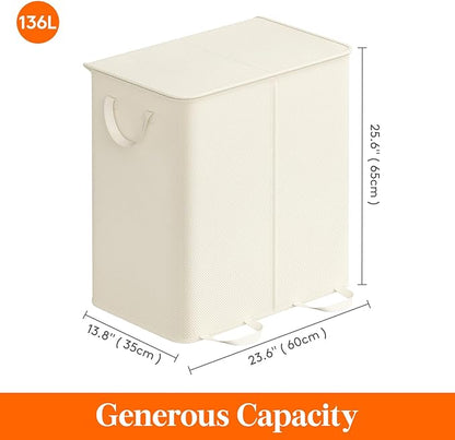 Lifewit Double Laundry Hamper with Lid and Removable Laundry Bags, Large Collapsible 2 Dividers Dirty Clothes Basket with Handles for Bedroom, Laundry Room, Closet, Bathroom, College, 136L Ivory White
