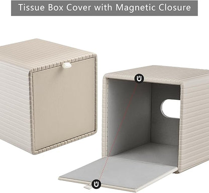 XNONE PU Leather Tissue Box Cover Square Tissue Box Holder for Bathroom Vanity Countertop Night Stands Bedroom Office Desk,Modern Tissue Decorative Organizer with Magnetic Closure (Beige)