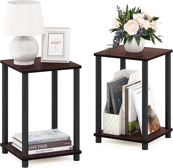 Furinno Turn-N-Tube Night Stand Set of 2, 2-Tier Nightstand, Dark Cherry | Stackable, Open Shelf, Toolless Bedside Table, Side Table, End Table for Living Room, Bedroom
