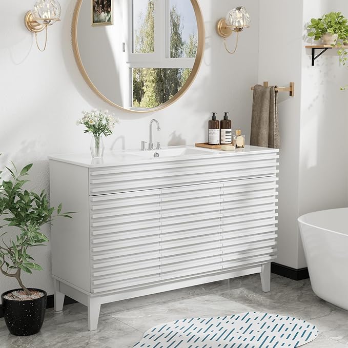 ROOMTEC 48" Bathroom Vanity with Sink, Mid-Century Freestanding Bathroom Vanity Sink with Storage, Undermount Ceramic Sink, Cabinet Particleboard Frame with Wood Grain Laminate, White
