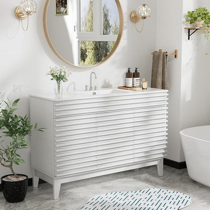 ROOMTEC 48" Bathroom Vanity with Sink, Mid-Century Freestanding Bathroom Vanity Sink with Storage, Undermount Ceramic Sink, Cabinet Particleboard Frame with Wood Grain Laminate, White