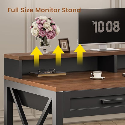 SEDETA Farmhouse Home Office Desk with File Drawer & Power Outlet, Computer Desk with 4 Drawer, Storage Shelves, Printer Cabinet and Monitor Shelf, Gaming Desk with Led Lights, Black Brown