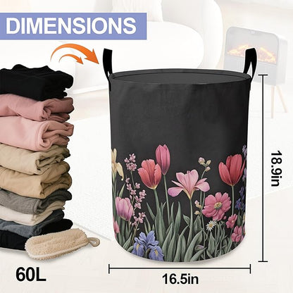 Spring Flowers Laundry Hamper Large Canvas Fabric Lightweight Storage Basket/Dirty Clothes Collapsible Waterproof for College Dorms, Boys and Girls Bedroom,Bathroom