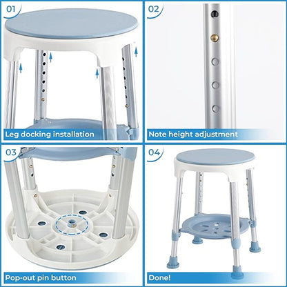 Shower Chair Stool for Inside Shower, Small Corner Plastic Stool for Shower 300 Lb,360° Swivel Bath Shower Seat for Seniors Adults Sitting, Adjustable Bathtub Stool with Storage Tray (Blue)