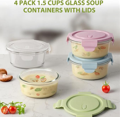 Freshmage 12oz Glass Meal Prep Containers, 1.5 Cup Food Storage Container with Lid Airtight, BPA-Free, Borosilicate Glass Soup Container for Leftovers, Microwave Oven Dishwasher&Freezer Safe (4 Pack)
