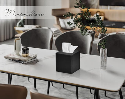 GOLRANLYE Tissue Box Cover Square PU Leather Facial Tissue Box Holder for Dresser Bathroom Decor (Black)