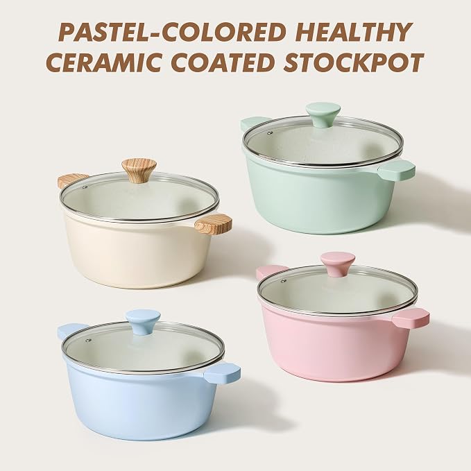 SENSARTE Ceramic Nonstick Stock Pot with Lid, 4.5 Quart Induction Cooking Pot with Tempered Glass Lid, Stew Pot for Soup and Oatmeal, Pasta Casserole, PFOA PFAS PTFE Free, Pink