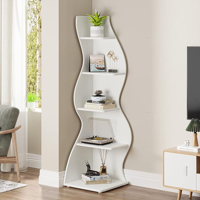 Tribesigns Corner Shelf, Modern 5-Tier Wall Corner Bookshelf, Stylish Corner Small Bookcase Storage Rack Plant Stand with Unique Shape for Living Room, Home Office (White, 1PC) | Stylish, Storage Rack, Plant Stand, Unique Shape, Living Room, Home Office
