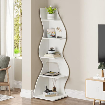 Tribesigns Corner Shelf, Modern 5-Tier Wall Corner Bookshelf, Stylish Corner Small Bookcase Storage Rack Plant Stand with Unique Shape for Living Room, Home Office (White, 1PC) | Stylish, Storage Rack, Plant Stand, Unique Shape, Living Room, Home Office