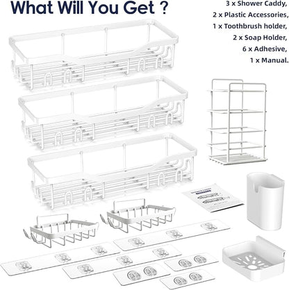NESOMI Shower Caddy Adhesive Shower Organizer 8-Pack, Rustproof Stainless Steel Bathroom Shelves, Large Capacity No-Drill Rack Storage Accessories with Soap Dish Toothbrush Holder Hooks