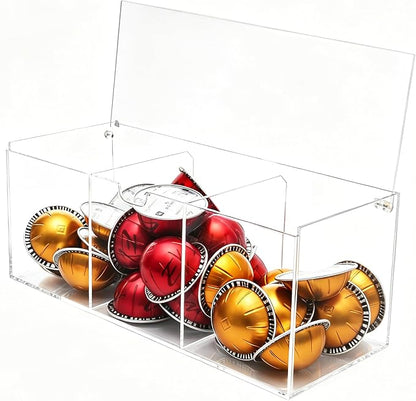 Lovemolly Acrylic Coffee Pod Organizer with Lid - 24 Pod Capacity, 3-Compartment Clear Coffee Bar Storage for Single Serve Capsules, Creamer Singles & Sugar Packets