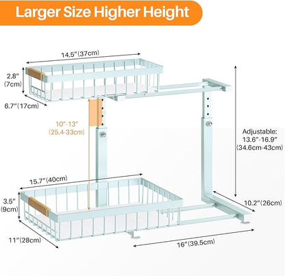 PXRACK Under Sink Organizer, Adjustable Height, 2 Tier Pull Out Under Cabinet Organizer, Slide Out Thickened Metal Under Sink Storage for Kitchen Bathroom Laundry Pantry Cabinet, Blue, Large-2-Pack