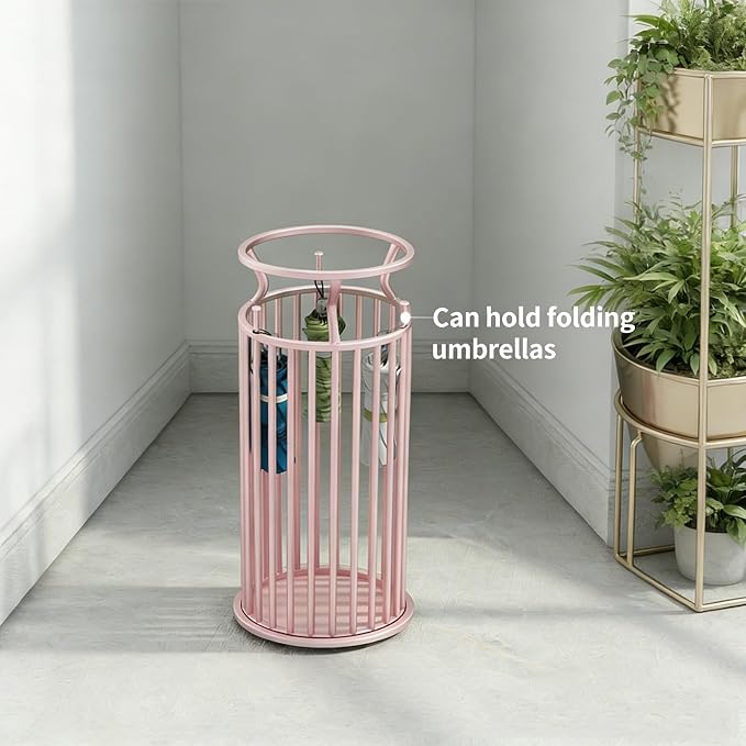 Metal Umbrella Stand with Hooks, Commercial Umbrella Holder & Storage Rack Organizer, Floor Standing Umbrella Bucket for Home, Hotel, Lobby & Entryway Decor.(Pink)