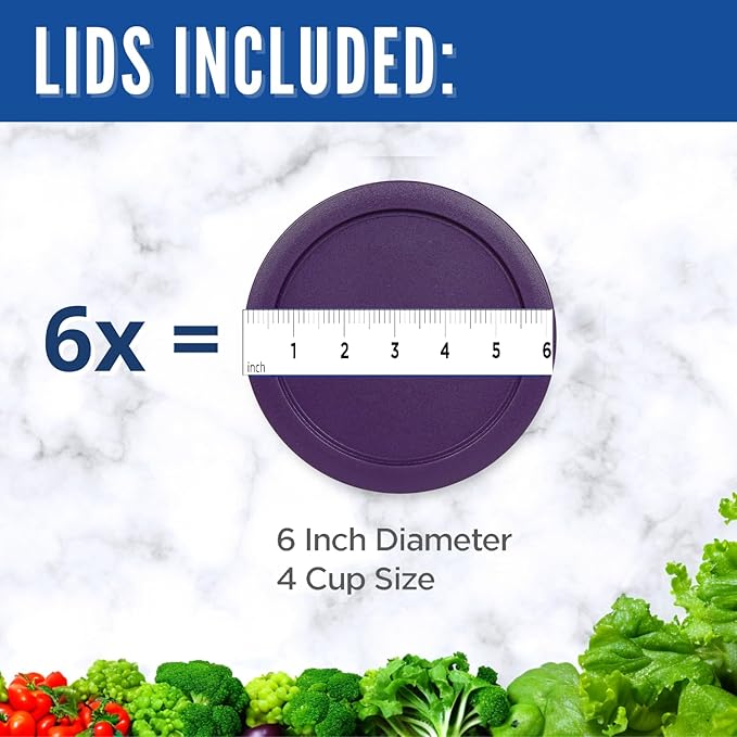 Replacement Lids fits Pyrex 4-Cup Glass Food Storage Container Bowls, 6-Inch Plastic Round Lids Covers for Pyrex 7201-PC, Airtight & Leakproof (6-Pack, Purple)