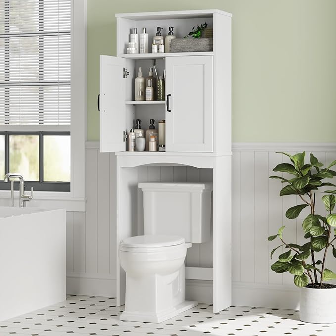 Over The Toilet Storage Cabinet, Over Toilet Bathroom Organizer with Adjustable Shelf and Double Doors, Space Saver Shelf Above Toilet Storage Cabinet (White)