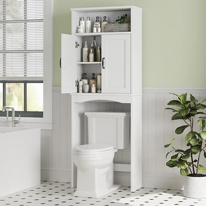 Over The Toilet Storage Cabinet, Over Toilet Bathroom Organizer with Adjustable Shelf and Double Doors, Space Saver Shelf Above Toilet Storage Cabinet (White)